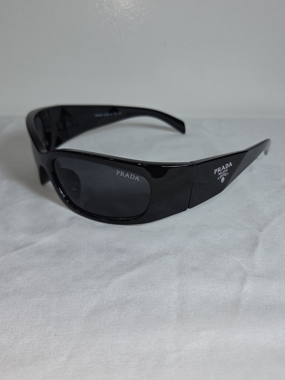Prada Black Gloss Wrap Sunglasses with Dark Gray Lenses